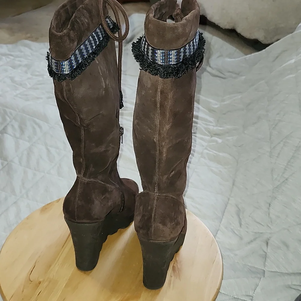 Diane Von Furstenberg Dark Brown Suede Wedge Boots Knee High Womens 10